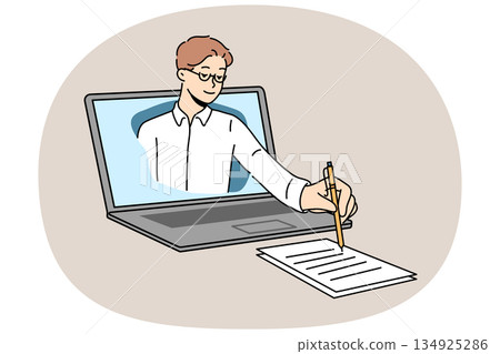 Business man takes notes on paper, looking out of laptop screen during online lecture for students 134925286