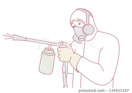 Environmental sanitation specialist conducts chemical fogging to ensure safety and contamination prevention 134925287