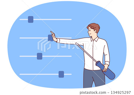 Man manages business using configuration sliders to control processes of executing plans 134925297
