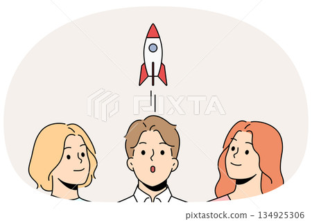 Team of people is working on launch and marketing support of business, looking at taking off rocket Team of people is working on launch and marketing support of business, looking at taking off rocket 134925306