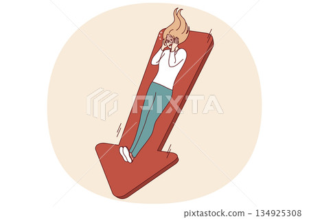 Frightened woman suffering from falling income and risk of bankruptcy, lying on down arrow Frightened woman suffering from falling income and risk of bankruptcy, lying on down arrow 134925308