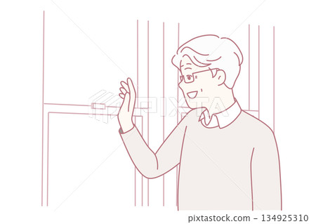 Warm gesture of connection in bright setting, Informal friendly wave through window on sunny morning Warm gesture of connection in bright setting, Informal friendly wave through window on sunny morning 134925310