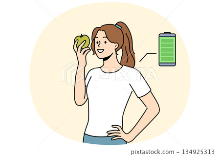 Woman eats fresh apple to recharge with energy and vitamins from fruit bought at farmers market Woman eats fresh apple to recharge with energy and vitamins from fruit bought at farmers market 134925313