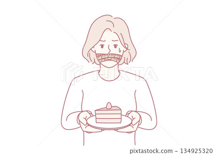 Smiling woman enjoys cake, Asian woman with slice of cake enjoying peaceful celebration mood Smiling woman enjoys cake, Asian woman with slice of cake enjoying peaceful celebration mood 134925320