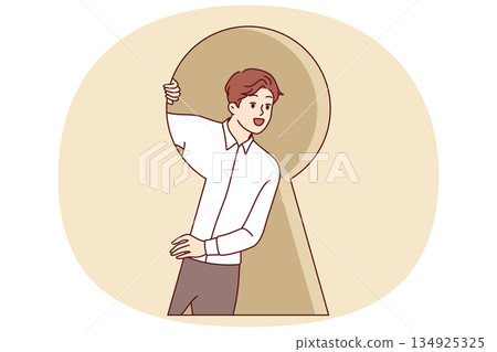 Business man shows curiosity by looking through large keyhole to find out secrets of competitors 134925325