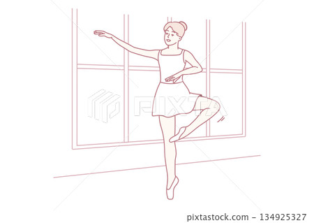 Focused ballerina practicing near sunny window, Serene dancer in minimalistic ballet pose by sunlight 134925327