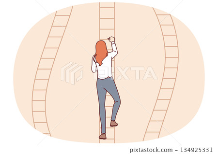 Progress woman climbs career ladder, choosing most promising path to achieve business success 134925331