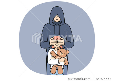 Maniac closes eyes little girl with children toy, for public service announcement against pedophilia Maniac closes eyes little girl with children toy, for public service announcement against pedophilia 134925332