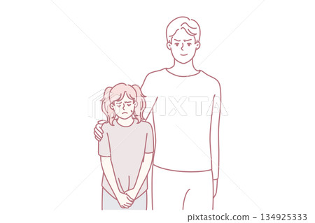 Unhappy girl stand near man ghost figure 134925333