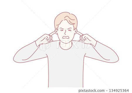 Ear covering distress, Closeup portrait depicting person overwhelmed by intrusive sound and stress Ear covering distress, Closeup portrait depicting person overwhelmed by intrusive sound and stress 134925364