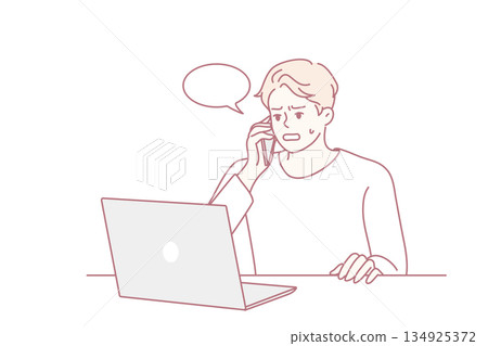 Unhappy man speak with helpline having computer problem 134925372