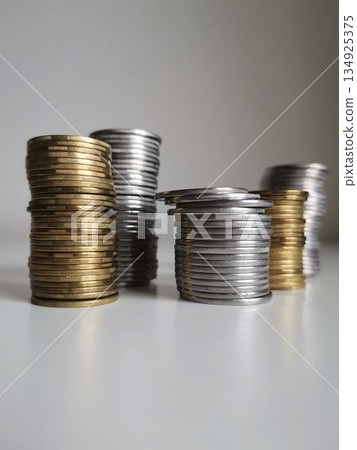 Silver and cooper coins stacks on white background 134925375