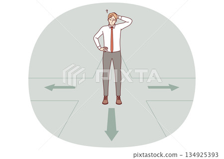 Thoughtful business man makes choice standing at crossroads and accepts difficult decision 134925393