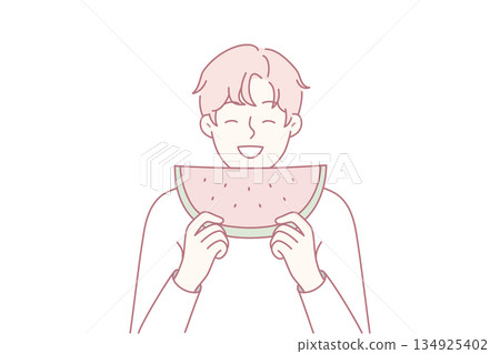 Youthful watermelon delight, Teen savoring juicy fruit moment, Young guy relishing fresh red melon piece Youthful watermelon delight, Teen savoring juicy fruit moment, Young guy relishing fresh red melon piece 134925402