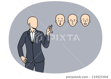 Faceless business man chooses mask face with different emotions, for concept ability to manage mood 134925404