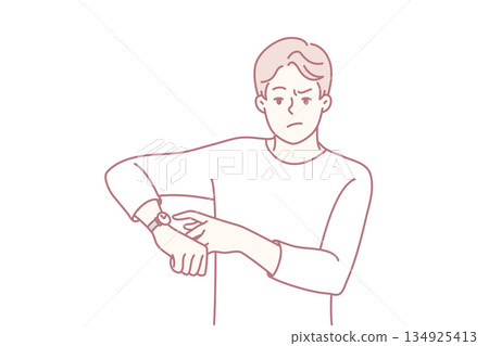 Angry man point at wristwatch warn about deadline Angry man point at wristwatch warn about deadline 134925413