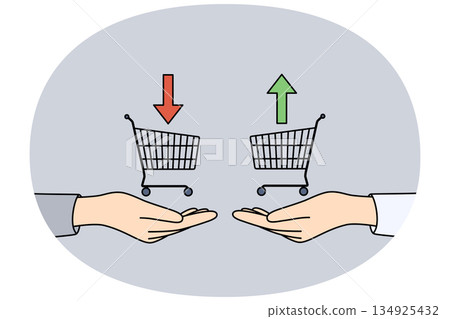 Traders hands with consumer baskets and up or down arrows symbolize buying and selling bonds Traders hands with consumer baskets and up or down arrows symbolize buying and selling bonds 134925432
