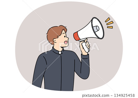 Man shepherd shouts into megaphone, announcing start religious sermon in catholic religious church Man shepherd shouts into megaphone, announcing start religious sermon in catholic religious church 134925458