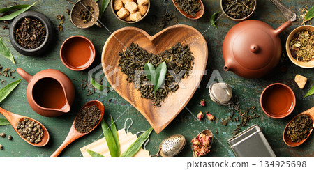 Tea Ritual Flat Lay with Heart-Shaped Elements, Teaware, and Natural Ingredients 134925698