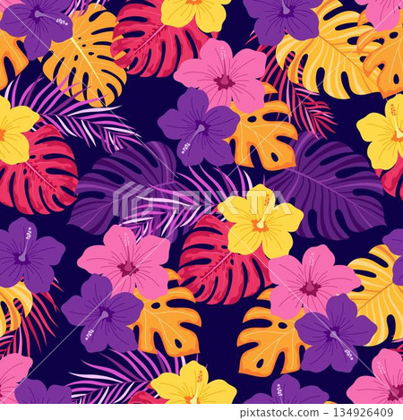 pattern with hibiscus flowers and palm leaves 134926409