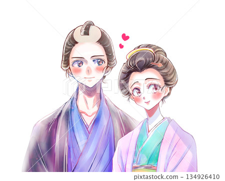 A man and woman wearing kimonos embracing each other, Edo period, love, bust enhancement 134926410