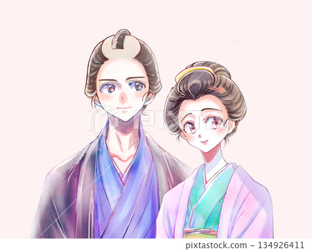 江戶時代，一對身著和服的男女擁抱在一起，畫面破裂 134926411