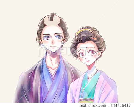 A man and woman wearing kimonos embracing each other, Edo period, bust-up 134926412