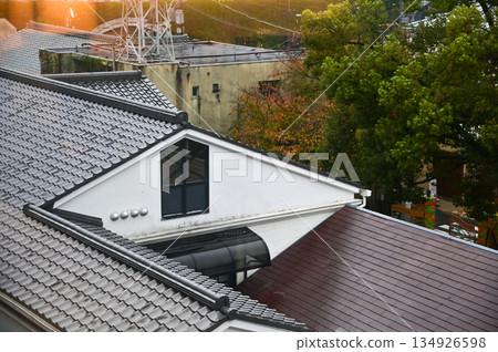 The rooftop of Japanese house, traditional Japanese house rooftop. Tile roof in Japan. Building exterior. Travel concept. The rooftop of Japanese house, traditional Japanese house rooftop. Tile roof in Japan. Building exterior. Travel concept. 134926598