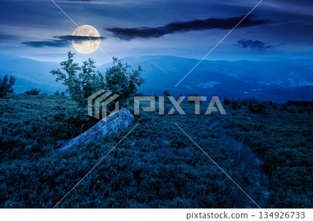 hiking trail through mountain landscape at night. mountains under sky with clouds in full moon light. scenery with green grass and rolling hills. questionable finance investment or abstract concepts 134926733