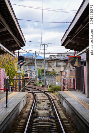 The train station in Arashiyamn, Kyoto, Japan with cloudy sky, Japan Transportation system. Travel concept. 134926871