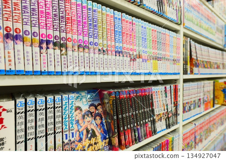 Colorful bookstore shelves Colorful bookstore shelves 134927047