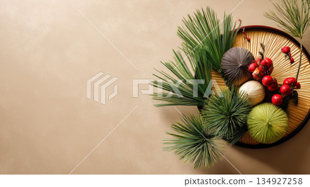 Palm leaves and colorful hairs on a round wooden tray. 134927258