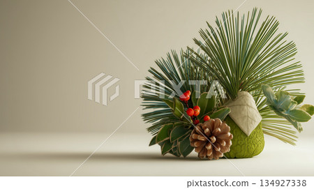 Tropical Christmas still life with palm leaves for tabletop 134927338