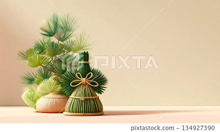 綠色棕櫚葉裝飾艾倫，配上絲帶。 134927390