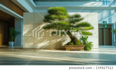 現代中庭室內設計，配有鬆樹盆景和瓷磚地板。 134927522