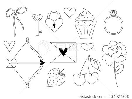 Set of doodle hand-drawn images about love on white background. Valentine's Day isolated set. Vector graphic line black and white illustration. Design for package, cosmetic, textile, cards. Set of doodle hand-drawn images about love on white background. Valentine's Day isolated set. Vector graphic line black and white illustration. Design for package, cosmetic, textile, cards. 134927808