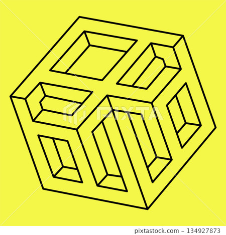 Impossible shape. Optical illusion. Abstract eternal geometric object. Impossible endless outline. Impossible geometry symbol on a yellow background.  134927873