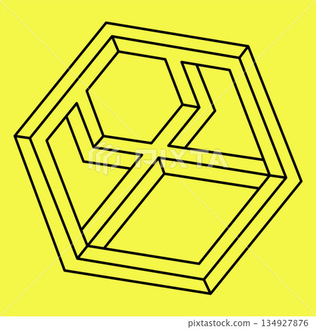Impossible shapes. Optical illusion. Sacred geometry. Abstract eternal geometric object. Impossible endless outline. Impossible geometry symbol on a yellow background. Op art. Impossible shapes. Optical illusion. Sacred geometry. Abstract eternal geometric object. Impossible endless outline. Impossible geometry symbol on a yellow background. Op art. 134927876