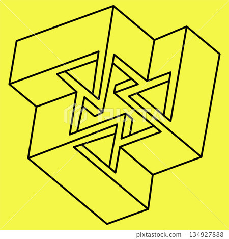 Impossible shapes. Sacred geometry. Optical illusion figure. Abstract eternal geometric object. Impossible endless outline triangle. Op art. Impossible geometry shape on a yellow background. Line art. Impossible shapes. Sacred geometry. Optical illusion figure. Abstract eternal geometric object. Impossible endless outline triangle. Op art. Impossible geometry shape on a yellow background. Line art. 134927888