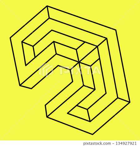 Impossible shape. Sacred geometry. Optical illusion. Abstract eternal geometric object. Impossible endless outline triangle. Impossible geometry object on a yellow background. Op art. Line art. Impossible shape. Sacred geometry. Optical illusion. Abstract eternal geometric object. Impossible endless outline triangle. Impossible geometry object on a yellow background. Op art. Line art. 134927921