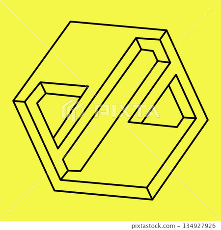 Impossible shape. Optical illusion. Abstract eternal geometric object. Impossible endless outline. Impossible geometry symbol on a yellow background. Op art. 134927926