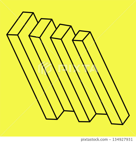 Impossible shapes. Optical illusion. Abstract eternal geometric object. Impossible endless outline. Impossible geometry symbol on a yellow background. Sacred geometry. Op art. 134927931