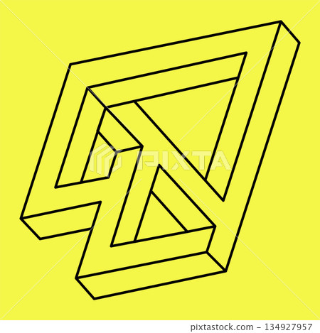 Optical illusion shape, impossible figure, black lines on a yellow background, optical art object. Geometry.  134927957