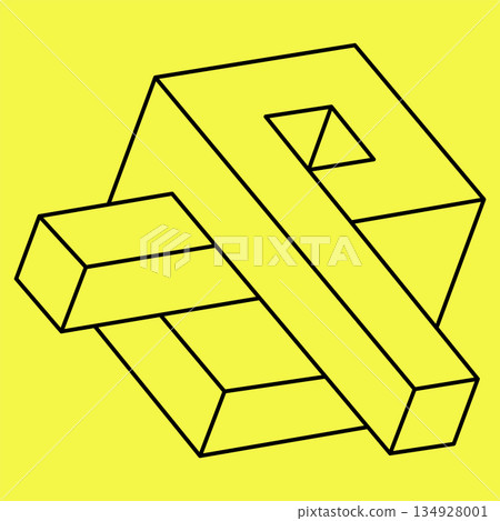 Impossible shape. Sacred geometry. Optical illusion. Abstract eternal geometric object. Impossible endless outline. Optical art. Impossible geometry shape on a yellow background. Impossible shape. Sacred geometry. Optical illusion. Abstract eternal geometric object. Impossible endless outline. Optical art. Impossible geometry shape on a yellow background. 134928001