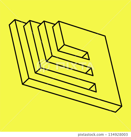 Impossible shapes. Sacred geometry. Optical illusion. Abstract eternal geometric object. Impossible endless outline triangle. Impossible geometry object on a yellow background. Op art. 134928003
