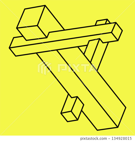 Impossible shapes. Sacred geometry. Optical illusion figure. Abstract eternal geometric object. Impossible endless outline shape. Optical art. Impossible geometry symbol on a yellow background. 134928015