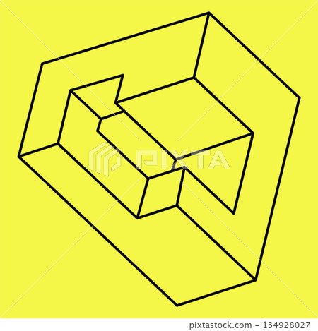 Impossible shape. Sacred geometry. Optical illusion. Abstract eternal geometric object. Impossible endless outline. Impossible geometry object on a yellow background. Op art. Line art. Impossible shape. Sacred geometry. Optical illusion. Abstract eternal geometric object. Impossible endless outline. Impossible geometry object on a yellow background. Op art. Line art. 134928027