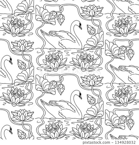 Vintage art nouveau style hand drawn swan swimming in lake with lotus flowers black and white seamless pattern 134928032