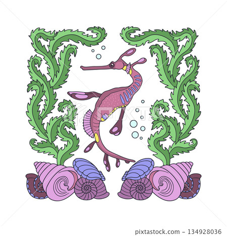 Art nouveau style seadragon swimming in ocean amongst seaweed and shells hand drawn vector illustration 134928036