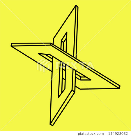 Impossible shapes. Sacred geometry figures. Optical illusion object. Abstract eternal geometric elements. Impossible endless outline shape. Impossible geometry figure on a yellow background. Op art. Impossible shapes. Sacred geometry figures. Optical illusion object. Abstract eternal geometric elements. Impossible endless outline shape. Impossible geometry figure on a yellow background. Op art. 134928082